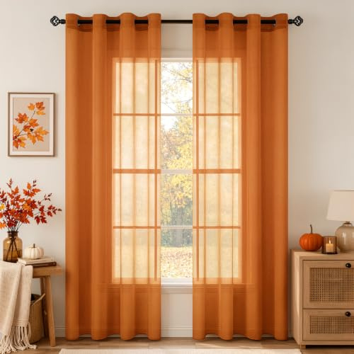 MIULEE Voile Vorhang mit Ösen transparent 140x215 cm 2er Set Orangenfarbe | Transparente leichte Voile Gardine als Ösenschal für Wohnzimmer und Schlafzimmer, lichtdurchlässig, luftig, dekorativ