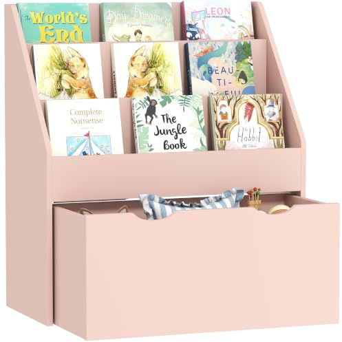 AIYAPLAY Bibliothèque pour Enfants, 62,5L x 30l x 70H cm, Rose | pour Livres et Jouets, Multi-Rangement, 3 Niveaux d'Étagères, Tiroir