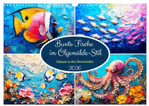 Bunte Fische im Ölgemälde-Stil. Zuhause in den Meerestiefen (Wandkalender 2026 DIN A3 quer), CALVENDO Monatskalender: Zauberhafte Meerestiere im Stil klassischer Ölgemälde (CALVENDO Tiere)