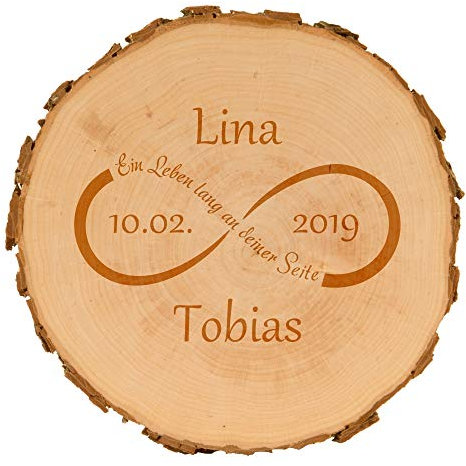 Baumscheiben für Paare mit Gravur - personalisierte Holzscheibe - verschiedene Designs - Hochzeitsgeschenk - naturbelassen - Dekoration - Wanddeko (Unendlichkeitszeichen)