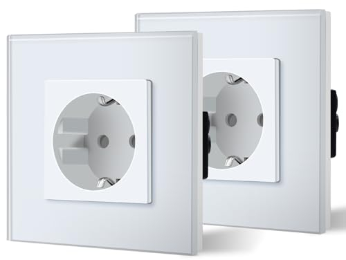 BSEED Enchufe de Pared Enchufe Estándar Schuko con Panel de Cristal 16A Fácil Instalación 86mm Blanco, 2 Paquetes