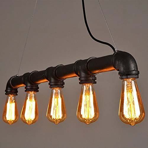 SHIOUCY Retro Klassische Wasserrohr Geformt Hängelampe Industrie rétro Rustic Steampunk Metallwasserrohr Retro Decke hängende 5 Lichter Edison-Lampe Kronleuchter E27