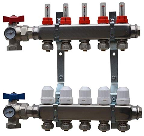 Heating-Instal Edelstahl Heizkreisverteiler für Fußbodenheizung mit Eck Kugelhahn 1 mit Verschraubung mit Thermometer (10 Kreise)
