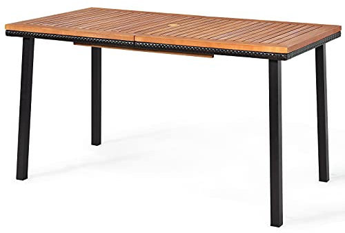 COSTWAY Tavolo da Giardino in Legno di Acacia, Tavolo Rettangolare con Struttura in Acciaio e Foro per Ombrellone, Tavolo da Pranzo Giardino Ideale per Giardino Cortile Balcone (140 x 75 cm)