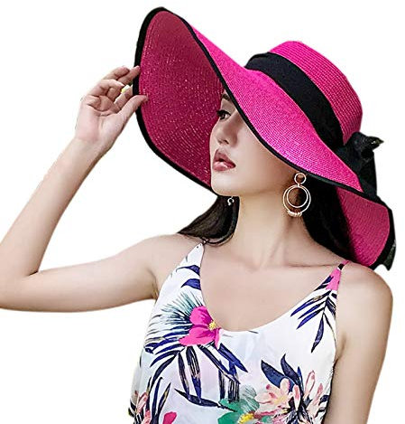 WSLCN Femme Chapeau de Soleil en Paille à Bord Large Capeline Pliable Plage Eté Anti-UV Décoration de Ruban Rose Rouge (Bordure noire)