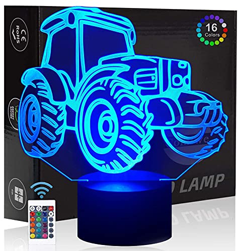 Comiwe Traktor 3D Illusion Nachtlicht Spielzeug,Dekoration LED Nachttischlampe 16 Farben Ändern mit Fernbedienung,Weihnachten Deko Lampe Geburtstagsgeschenk Für Mädchen Jungen Kinder und Freunde