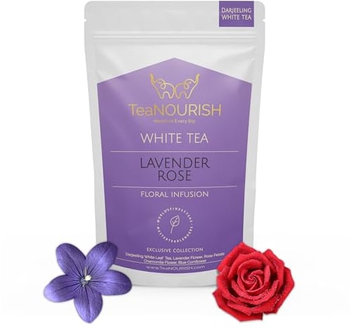 TeaNOURISH Lavender Rose White Tea | Darjeeling Silver Needles White Loose Leaf Tea Blended with Lavender, Rose Petals, Chamomile & Blue Cornflower - 1.76oz/50g