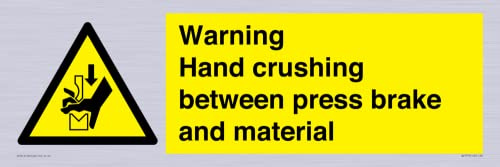Schild mit Aufschrift Warning Hand Crushing between press brake and material, 600 x 200 mm, L62
