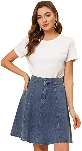 Allegra K Damen Hohe Taille A-Linie Ausgestellte Plissee Casual Midi Denim Rock, hellblau, 34