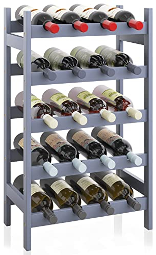 SMIBUY Bambus-Weinregal, 20 Flaschen-Display-Halter, 5-stöckige freistehende Lagerregale für Küche, Speisekammer, Keller, Bar (Grau)