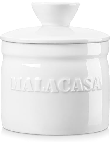 MALACASA Butter Dishes with Lid, Porcelain Butter Keeper Crock for Counter with Water Line, Butter Container for Fresh Spreadable Butter, Series REG, Ivory White