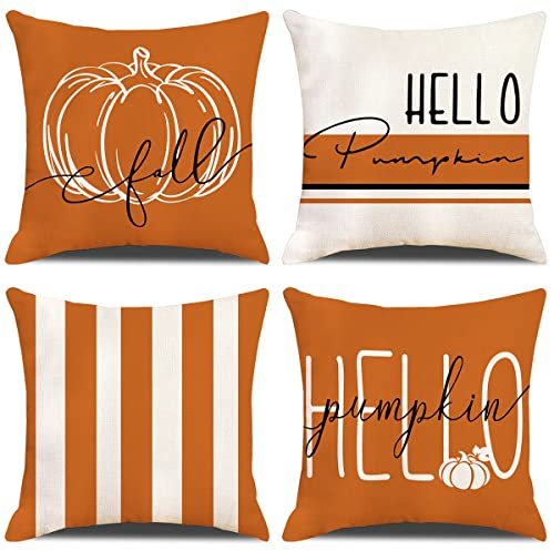 ZHAOMIMI 4er Set Dekorativ Kissenhülle Baumwolle Leinen Kissenbezug Herbst Kürbis Dekokissen Sofakissen für Couch, Auto, Schlafzimmer 45x45 cm