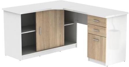 Vente-unique-Eckschreibtisch mit 2 Türen & 2 Schubladen - Weiß & Eichefarben - NORWY