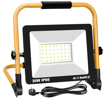 SKYWORLD LED Arbeitsleuchte mit Ständer Flutlicht 30W 3000LM Baustellenleuchte Tragbares Notlicht 4000K Tageslicht Kaltweiß mit Stecker für Garage Camping Werkstatt 1 Packungen [Energieklasse F]