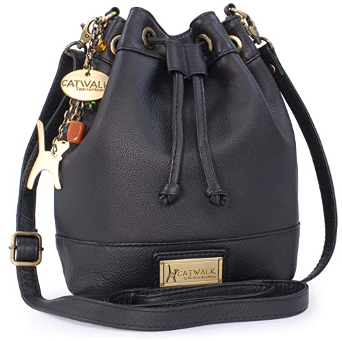 Catwalk Collection Handbags - Damen Leder Umhängetasche Mittelgroß - Beuteltasche/Handtasche - Verstellbarer Schultergurt - ROCHELLE - Schwarz