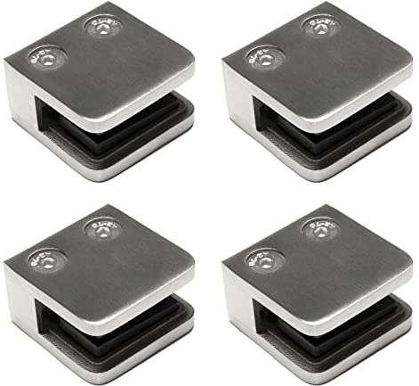 PRIOstahl Glashalter 4 Stück Glasklemmen Klemmhalter Glasplattenhalter Eckig 45 x 45 x 26 mm Anschluss: Flach für Glas 8 mm Geländer Handlauf Balkon aus Edelstahl V2A