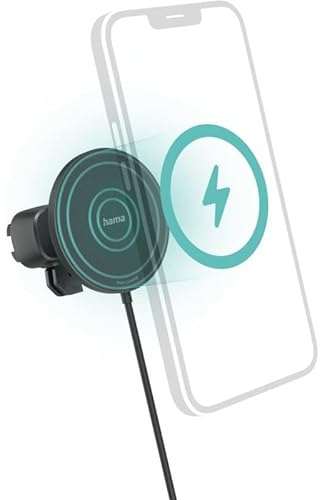 Hama Auto Ladegerät, Kfz Handy Ladegerät 15 Watt kabellos für iPhone (Magnetisch Laden, Ladeadapter für Lüftungsgitter, Wireless Charging, Apple MagSafe-kompatibel, Hochformat und Querformat) schwarz
