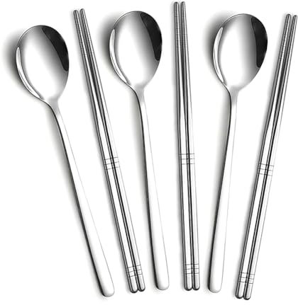 Juego de cucharas y palillos, 3 pares de palillos de metal de acero inoxidable, 3 juegos de palillos y cucharas coreanas reutilizables para el hogar, la cocina o el restaurante