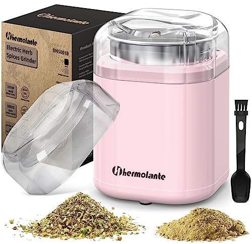 Hermolante - Herb Grinder for Spices, 200W Herb Grinder with Stainless Steel Blade and Cleaning Brush, Compact Size Electric Grinder for Herbs and