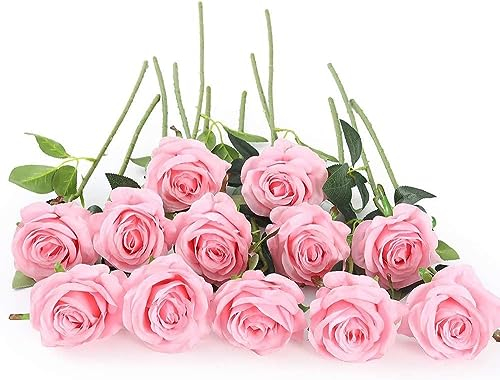 Laelfe 12 Pièces Roses Artificielles Rose, Longues Tiges Fausse Roses Fleur de Soie pour Bouquet de Mariée, Décoration de Fête à la Maison, Hôtel, Jardin (Rose)