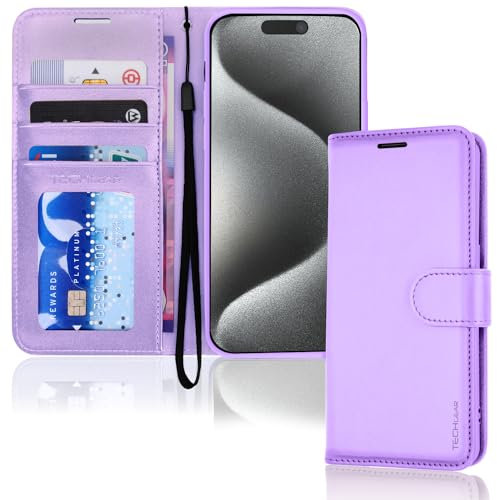 TECHGEAR iPhone 15 Pro Max Leather Wallet Case, Flip Protective Case Cover with Wallet Card Holder, Stand and Wrist Strap - Purple PU Leather with Magnetic Closure Designed for iPhone 15 Pro Max 6.7