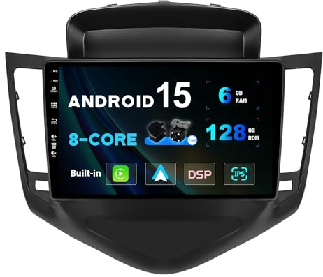 SXAUTO - 6G+128G - Android 15 IPS Autoradio für Chevrolet Cruze (2009-2014) - Eingebaut Carplay/Android Auto/DSP - LED Kamera + MIC - DAB Lenkradsteuerung Fast-Boot 360-CAM WiFi AHD - 2 Din 9 Zoll