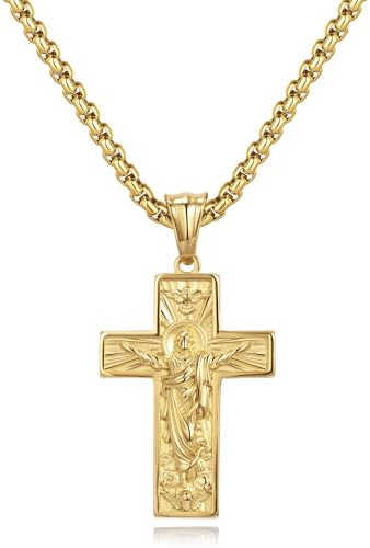 CyxenNova Kreuz Kette Herren Halskette Herren Königskette Plattenkette Edelstahl Männer Anhänger, Schmuck für Damen Geschenke (Jesus Christus)