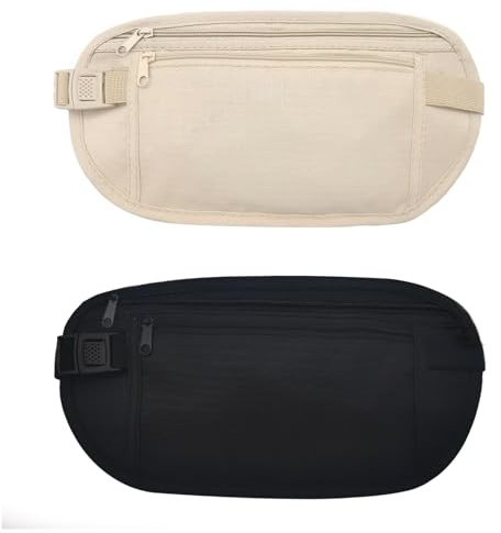 FuninCrea Hüfttaschen, Nylon Bauchtasche Brustbeutel versteckte für Frauen Männer, Anti-Diebstahl Gürteltasche Unter Kleidung mit verstellbarer Schnalle und Elastisches Band für Laufen (schwarz+khaki)