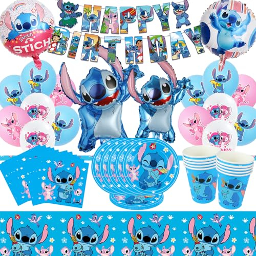 Sinwind 64 Piezas Vajilla Cumpleaños Sti-tch, Decoración para Cumpleaños Infantiles de Sti-tch, Incluyen Pancartas, Platos, Vasos, Servilletas, Manteles y Globos - 10 Porciones