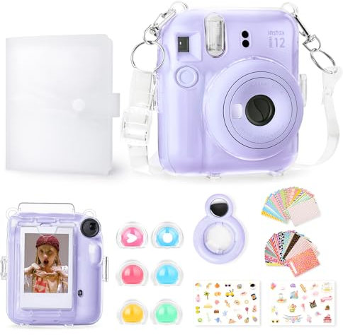 Rieibi Zubehör für Fujifilm Instax Mini 12, Geschenkpaket enthält transparente Instax Mini 12 Hülle mit Gurt, Mini-Fotoalbum, Selfie-Spiegel, DIY-Aufkleber, Farbfilter (ohne Kamera) – Lila