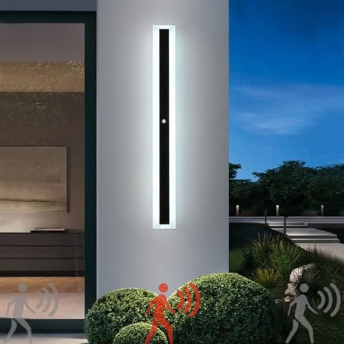 Outdoor Garden Wall Light with Motion Sensor Wall Lamp Indoor Black LED Long Wall Sconce Exterior IP67 Waterproof Modern Warm White Light Outside Porch Balcony Garage (60CM,White Light)