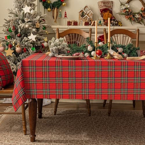 Softalker Karierte Weihnachtstischdecke, rechteckig, rotes Büffelkaro, Leinen, Baumwolle, Gingham, Weihnachts-Tischdecken, Winter-Tischdekorationen für Essen/Partys/Urlaub, 152,4 x 305,8 cm