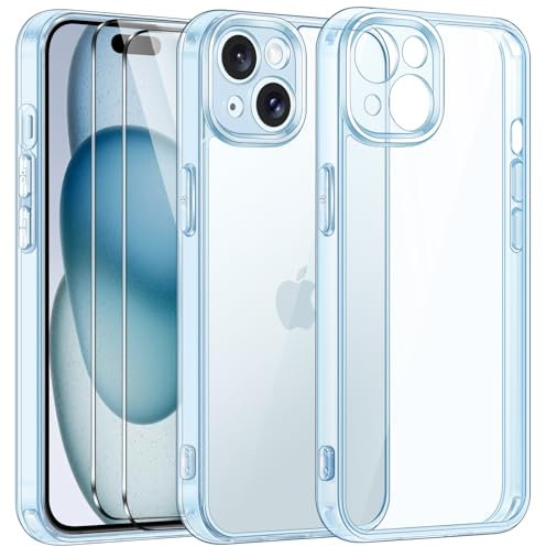 ivoler 3 in 1 Hülle Kompatibel für iPhone 15 6.1 Zoll, mit 2 Stück Panzer Schutz Glas, [Nie Vergilbung] [Kameraschutz] Schutzhülle Anti-Kratzt Transparent Rückseite (Blau)