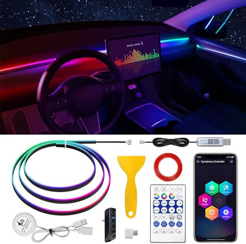 Bande LED pour Tesla Model 3/Y Dreamcolor - Intérieur acrylique pour voiture - Avec interrupteur à capteur de mouvement et hub USB - Bande LED néon de 55,1 pouces - Couleurs RVB - Pour kit d'éclairage