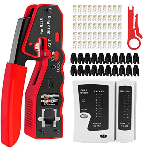 MAYLINE RJ45 Crimpado Juego Herramientas Ethernet Reparación Cable de Red, Crimpadora Pelacables Alicates CAT7 Crimp Wire Stripping Cable Alicate de Corte Profesional Comprobador CAT5 CAT6(Azul)