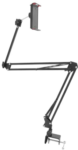 ULDIGI Metal Gooseneck Phone and Tablet Stand for Desktop and Bed Use, Adjustable Folding Arm with Universal Clamp, Black Pad Support Holder for Comfortable Viewing