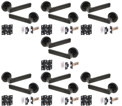 HANDLEZONE® 7 Sets Luxa Internal Door Handle Pack, Complete with Lever Handles, 76mm Latch, 75mm Ball Bearing Hinges - Black Matt