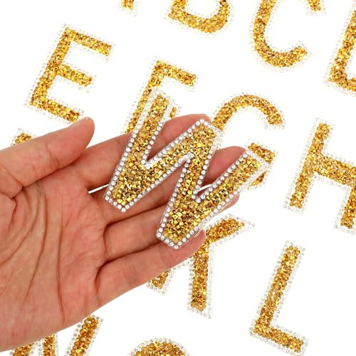 26 Pcs Gold Rhinestone Letters Stickers Glitter Rhinestone Iron On Patch Glitter Self Adhesive Alphabet A-Z Bling Rhinestone Letter Gold Crystal Alphabet Stickers for DIY Clothes Bags Craft Decors