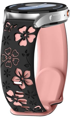 MoSuul Fiori Cinturino 20MM per Samsung Galaxy Watch 7/FE/6/5 40, 44mm/Watch 6 Classic 43, 47mm, Silicone Morbido Donna Sportivo Cinturini in Silicone per Galaxy Watch 5 Pro 45mm Nero+Rosa
