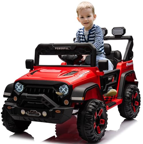 Kinder Elektroauto mit Verbesserter Akku 12V 7AH, Elektrofahrzeuge 3-Gang - 2 Betriebsmodi mit 2,4G-Fernbedienung, LED-Lichter, Bluetooth, Sicherheitsgurten für Kinder von 1-8 Jahren (Rot)