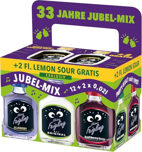 Kleiner Feigling 33 Jahre Jubel-Mix (12 x 20 ml) mit 2 Shots gratis – Der kultige Vodka-Schnaps in 6+1 fruchtigen Sorten – Frech, fruchtige Shots zum Feiern ideal für unterwegs – 15 % Vol.