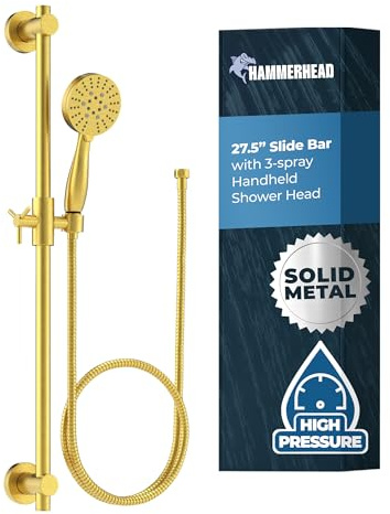 HammerHead Showers Solid Metal 27.5 Inch Shower Slide Bar with 3-Spray Handheld Shower Head with Long Hose and Holder, 2.5 GPM High Pressure Shower Head, Brushed Gold