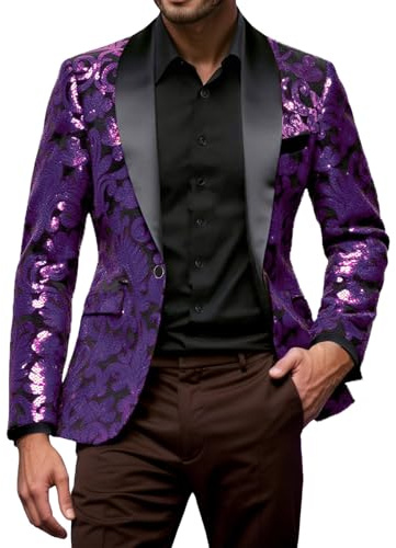 RUMAOZIA Blazer da uomo con paillettes, giacca da smoking, giacca da uomo con giacca lucida, abito da sposa, mese di carnevale, costume metallico, Lilla, XXL
