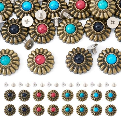 Spritewelry 16 juegos de remaches decorativos de aleación, color turquesa, flores, conchos, botones, bronce antiguo, remaches de metal con rosca trasera para cuero, ropa, bolso, zapatos, manualidades