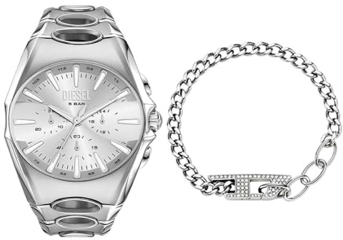 Diesel Herren D-Curve Silberfarbene Uhr und D-Logo Halskette, Set