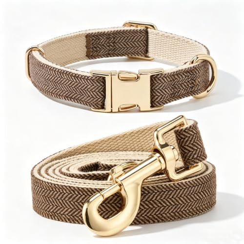 YUDOTE Hundehalsband und Leine aus Tweed, Metallschnalle, verstellbar, langlebig, Baumwolle, Welpenhalsband und Leine für Hochzeitshunde, Halsumfang 25–38 cm, Leine 1,5 x 150 cm, Braun