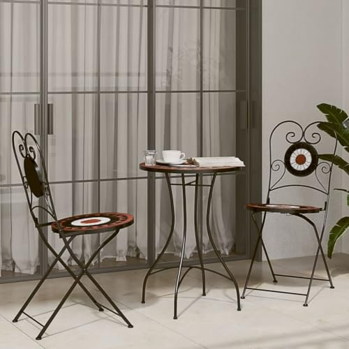 Tonture Mosaik-Bistro-Set, Terrakottarot und Weiß, Eisen Keramik, 2 Stühle 1 Tisch, Klappbar, für Garten, Balkon, Terrasse, Außenbereich
