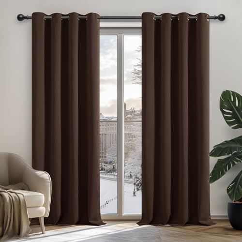 Deconovo Gardinen Wohnzimmer mit Ösen Verdunkelung Thermovorhang Braun | 2er Set, H245 x B140 cm, Gardinen Abdunkelnd, für Wohnzimmer Schlafzimmer Guten Schlaf, Kälteschutz, Sichtschutz, UV-Schutz