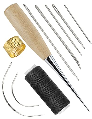 Akunsz 10 Stück gebogene Polster Nadeln Nähnadeln Set mit Nähahle, Fingerhut, Polsternadeln für Leder/Teppich/Matratzen Reparieren
