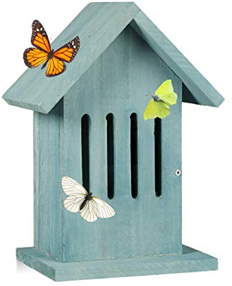 Relaxdays Schmetterlingshaus hängend, Insektenhotel für Garten, Balkon, Distelfalter, HxBxT: 25,5 x 18,5 x 12 cm, türkis